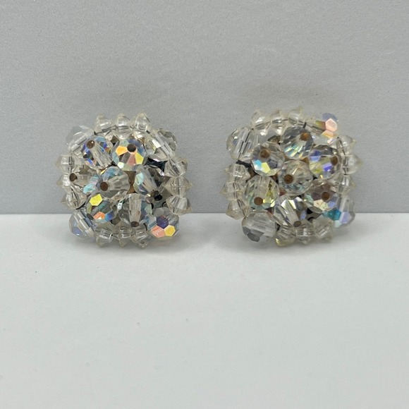 Vintage Aurora Borealis Crystal Clip On Earrings Cocktail Party Statement - Picture 1 of 7